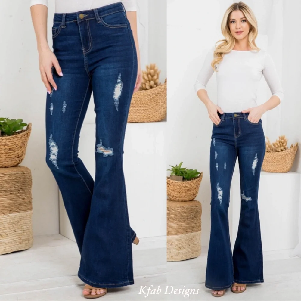 ❤️LAST 3! High Waist Dark Denim Distressed Flare Jeans! - Picture 2 of 7